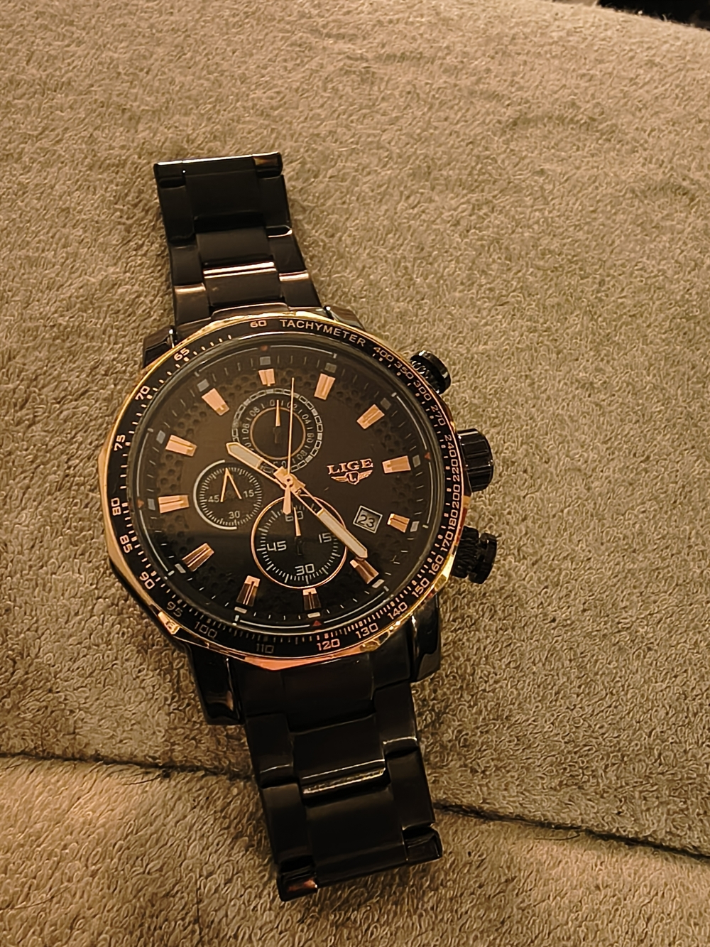 LIGE Men's Black Chronograph Watch with Rose Gold Accents